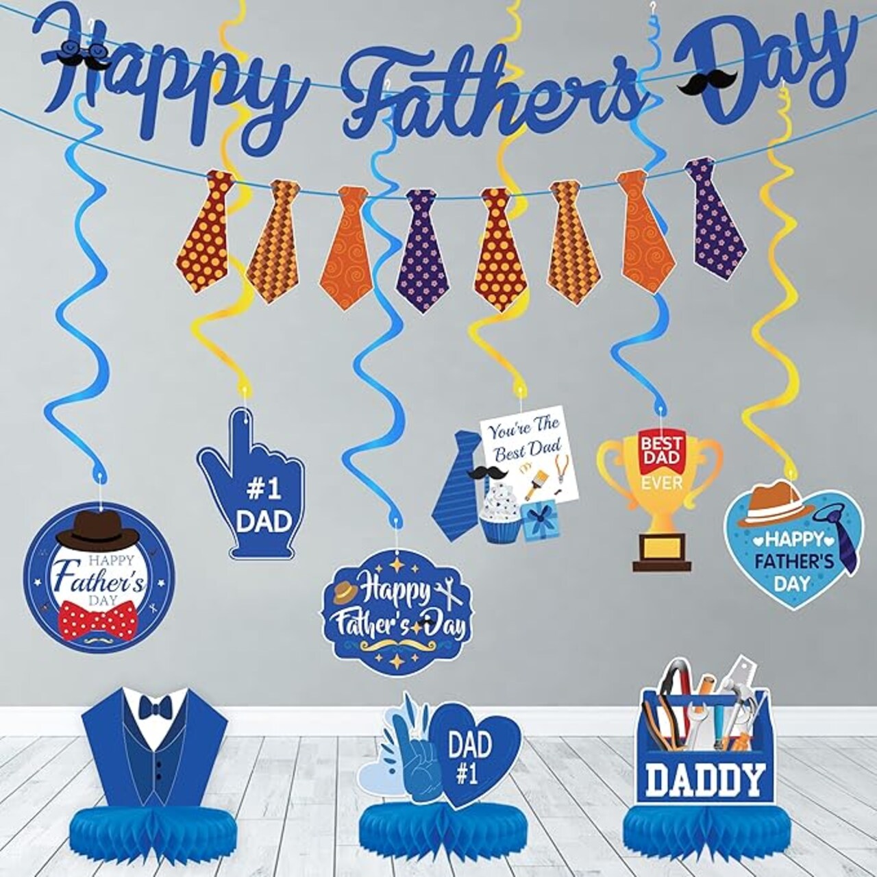 Father's Day Party Decorations Supplies - NO DIY- Father's Day Decorations Set Include 6pcs Hanging Swirls & 2pcs Happy Father's Day Garland Banners & 3pcs Honeycomb Centerpiece for Father's Day Party